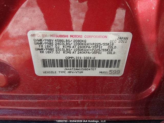 12553783 :رقم المزاد ، JA4AT2AW1CU604707 vin ، 2012 Mitsubishi Outlander Es مزاد بيع