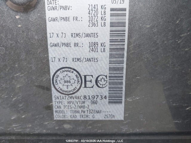 Продаж на аукціоні авто 2019 Nissan Rogue, vin: 5N1AT2MV4KC819734, номер лоту: 12553791