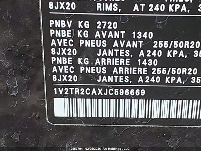 12553794 :رقم المزاد ، 1V2TR2CAXJC596669 vin ، 2018 Volkswagen Atlas Execline مزاد بيع