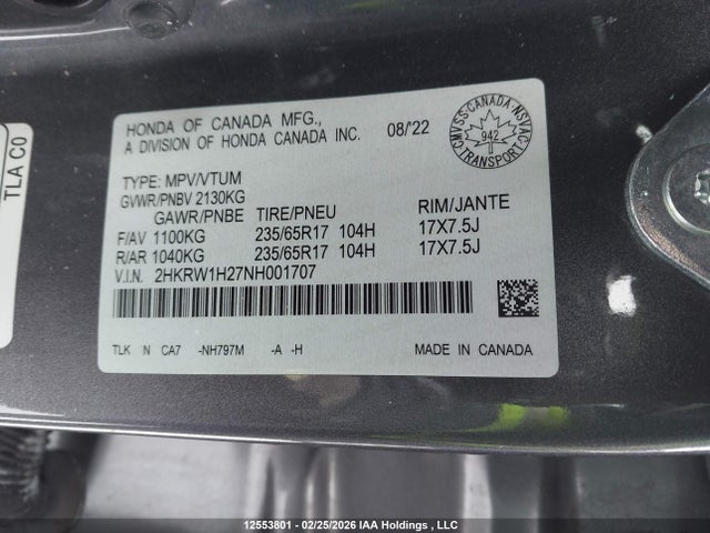 2HKRW1H27NH001707 Honda CR-V