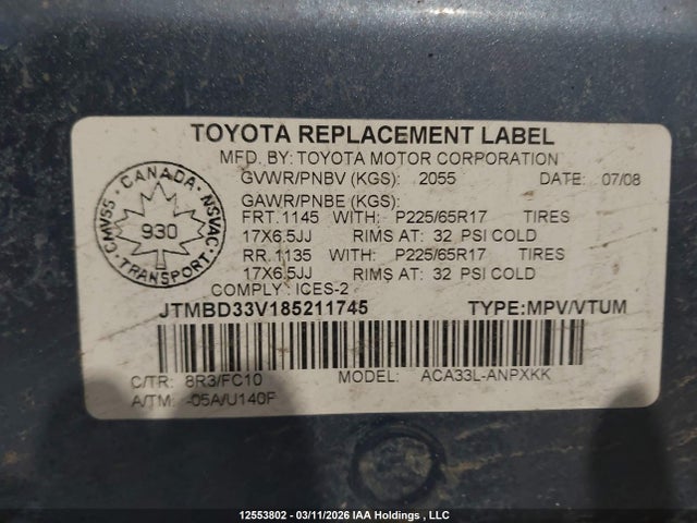 12553802 :رقم المزاد ، JTMBD33V185211745 vin ، 2008 Toyota Rav4 مزاد بيع