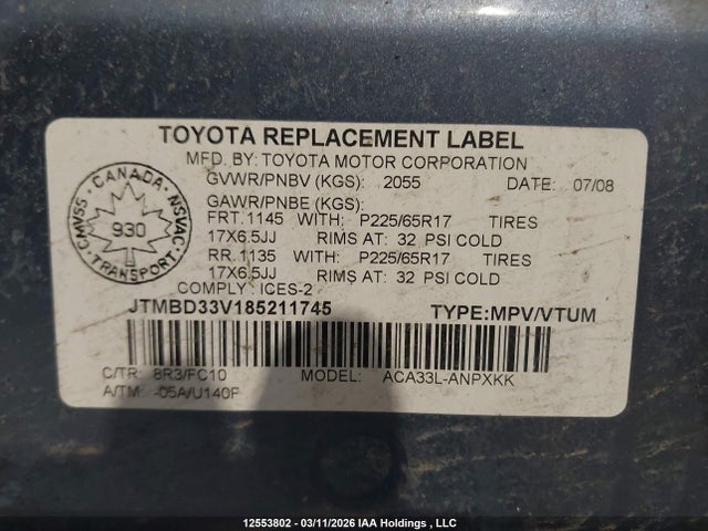 12553802 :رقم المزاد ، JTMBD33V185211745 vin ، 2008 Toyota Rav4 مزاد بيع