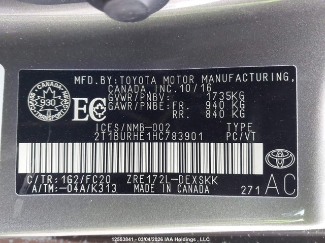 2T1BURHE1HC783901 Toyota COROLLA SE