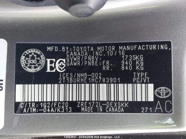 2T1BURHE1HC783901 Toyota COROLLA SE