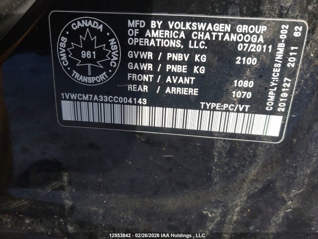 Продажа на аукционе авто 2012 Volkswagen Passat, vin: 1VWCM7A33CC004143, номер лота: 12553842
