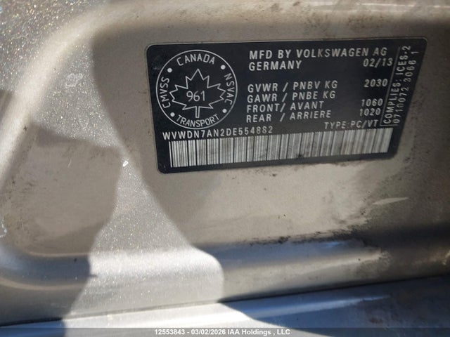 12553843 :رقم المزاد ، WVWDN7AN2DE554882 vin ، 2013 Volkswagen Passat Cc Highline مزاد بيع