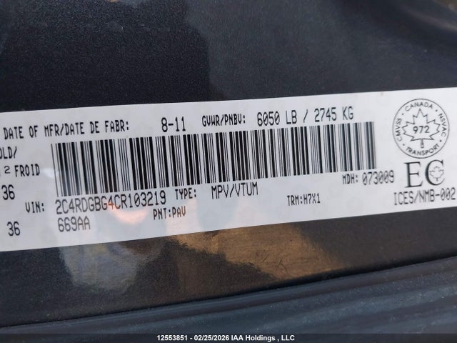 Продаж на аукціоні авто 2012 Dodge Grand Caravan Se/sxt, vin: 2C4RDGBG4CR103219, номер лоту: 12553851