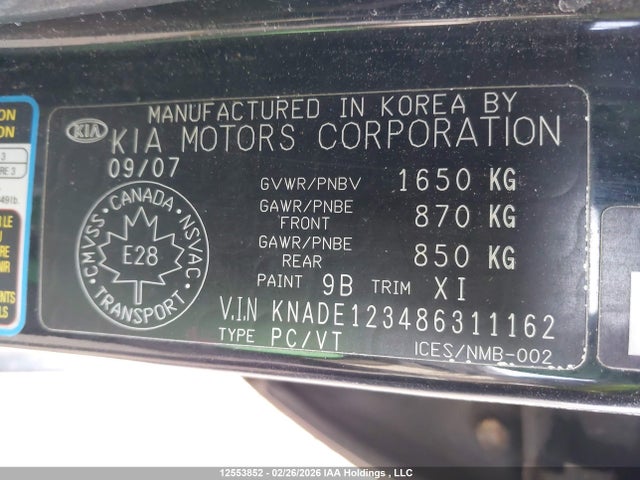 12553852 :رقم المزاد ، KNADE123486311162 vin ، 2008 Kia Rio Lx/sx مزاد بيع