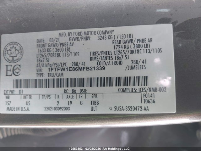 1FTFW1E86MFB21339 Ford F150 Supercrew