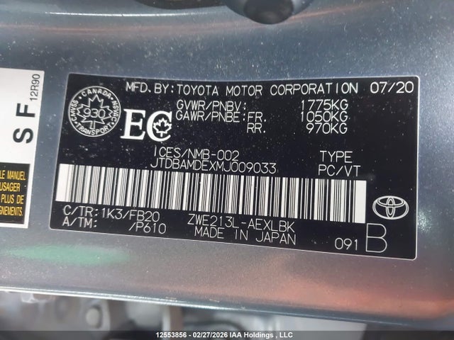 Aukcja sprzedaży 2021 Toyota Corolla Hybrid Base W/li Battery, vin: JTDBAMDEXMJ009033, numer aukcji: 12553856