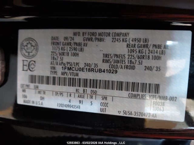 2024 Ford Escape მანქანა იყიდება აუქციონზე, vin: 1FMCU0E18RUB41029, აუქციონის ნომერი: 12553863