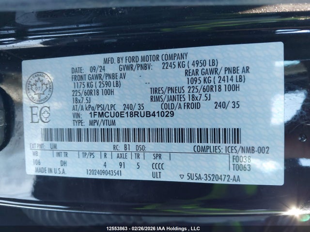 2024 Ford Escape მანქანა იყიდება აუქციონზე, vin: 1FMCU0E18RUB41029, აუქციონის ნომერი: 12553863