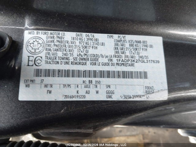 Продажа на аукционе авто 2016 Ford Focus, vin: 1FADP3K27GL317639, номер лота: 12553865
