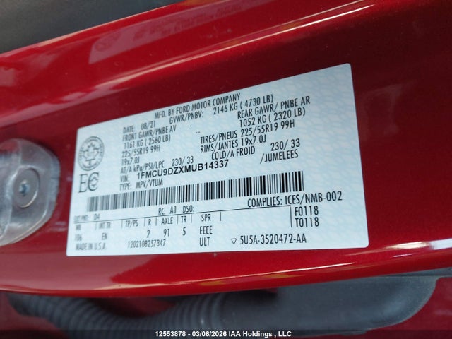 Продажа на аукционе авто 2021 Ford Escape Hybrid, vin: 1FMCU9DZXMUB14337, номер лота: 12553878
