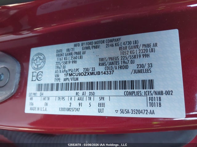 Продажа на аукционе авто 2021 Ford Escape Hybrid, vin: 1FMCU9DZXMUB14337, номер лота: 12553878
