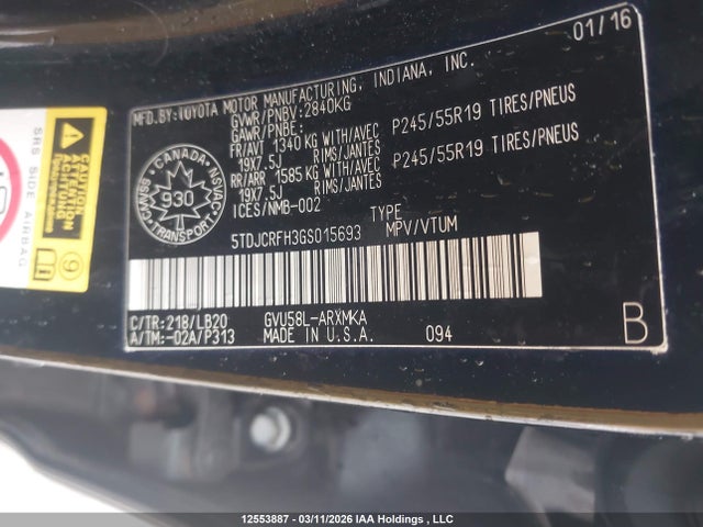 5TDJCRFH3GS015693 Toyota Highlander Hybrid Xle
