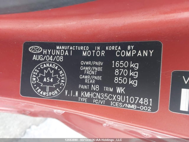 2009 Hyundai Accent Gl/gl Sport/l მანქანა იყიდება აუქციონზე, vin: KMHCN35CX9U107481, აუქციონის ნომერი: 12553890