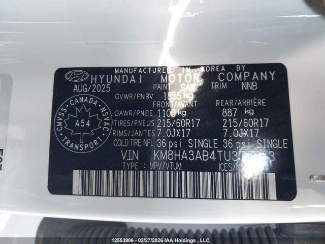 12553906 :رقم المزاد ، KM8HA3AB4TU377733 vin ، 2026 Hyundai Kona Se مزاد بيع