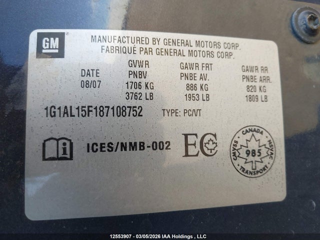 12553907 :رقم المزاد ، 1G1AL15F187108752 vin ، 2008 Chevrolet Cobalt Lt مزاد بيع
