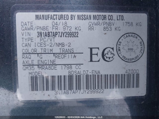 3N1AB7AP7JY299922 Nissan Sentra 1.8 S/1.8 Sv/1.8 Sv Midnight Edition
