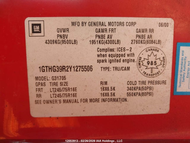 Aukcja sprzedaży 2000 Gmc Savana Standard, vin: 1GTHG39R2Y1275506, numer aukcji: 12553913
