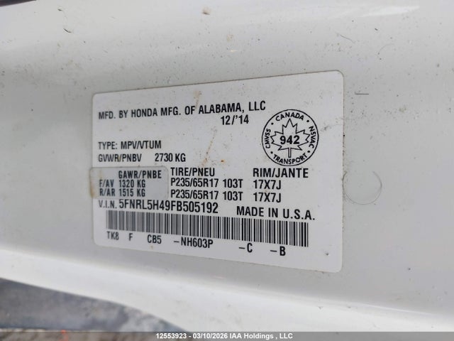 Aukcja sprzedaży 2015 Honda Odyssey Ex, vin: 5FNRL5H49FB505192, numer aukcji: 12553923