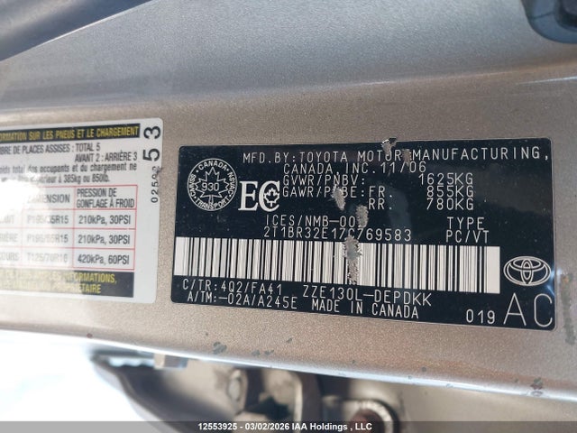 Продажа на аукционе авто 2007 Toyota Corolla Ce/le/sport, vin: 2T1BR32E17C769583, номер лота: 12553925