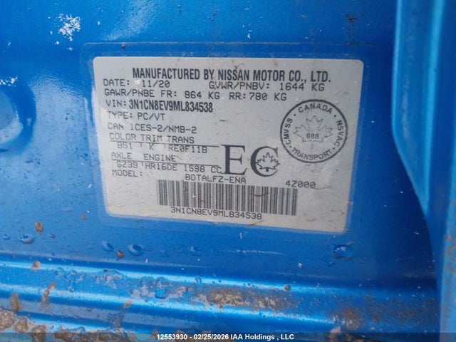 12553930 :رقم المزاد ، 3N1CN8EV9ML834538 vin ، 2021 Nissan Versa مزاد بيع
