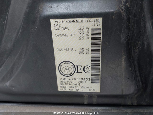 Продаж на аукціоні авто 2016 Nissan Altima, vin: 1N4AL3AP3GN319453, номер лоту: 12553937