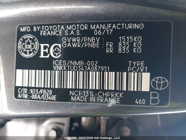 12553946 :رقم المزاد ، VNKKTUD34JA087951 vin ، 2018 Toyota Yaris مزاد بيع