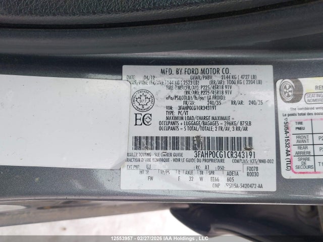 Продаж на аукціоні авто 2012 Ford Fusion Sel, vin: 3FAHP0CG1CR343191, номер лоту: 12553957