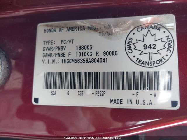 12553961 :رقم المزاد ، 1HGCM56356A804041 vin ، 2006 Honda Accord Se مزاد بيع