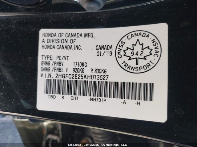 2019 Honda Civic Dx მანქანა იყიდება აუქციონზე, vin: 2HGFC2E25KH013527, აუქციონის ნომერი: 12553962