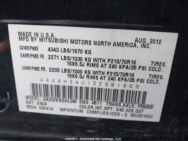 12553971 :رقم المزاد ، 4A4AH3AU1DE601869 vin ، 2013 Mitsubishi Rvr Se مزاد بيع