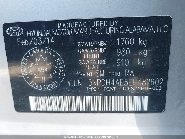 2014 Hyundai Elantra Gl მანქანა იყიდება აუქციონზე, vin: 5NPDH4AE5EH482602, აუქციონის ნომერი: 12553984