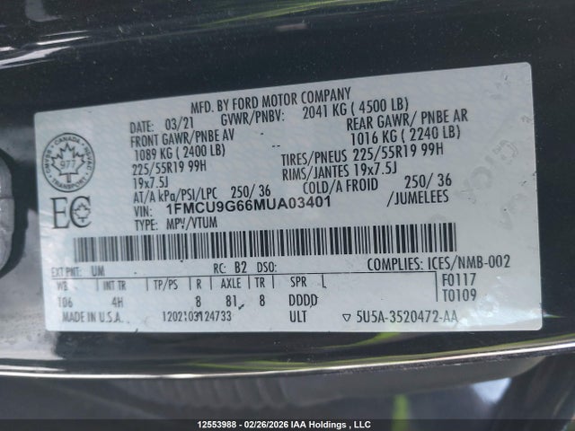 2021 Ford Escape მანქანა იყიდება აუქციონზე, vin: 1FMCU9G66MUA03401, აუქციონის ნომერი: 12553988