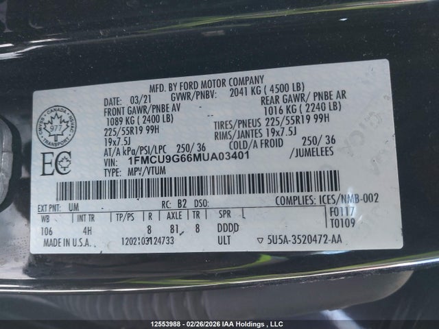 2021 Ford Escape მანქანა იყიდება აუქციონზე, vin: 1FMCU9G66MUA03401, აუქციონის ნომერი: 12553988