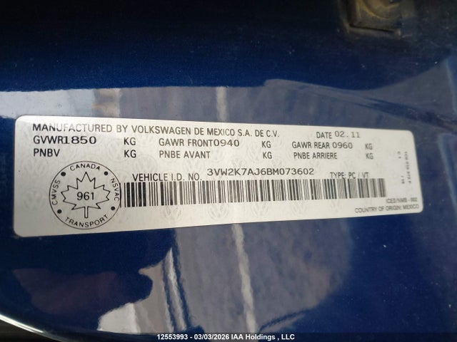12553993 :رقم المزاد ، 3VW2K7AJ6BM073602 vin ، 2011 Volkswagen Jetta 2.0l Trendline/2.0l Trendline+ مزاد بيع