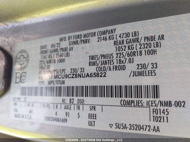 Ford ESCAPE SEL 2022 1FMCU9CZ8NUA65822 Image 18