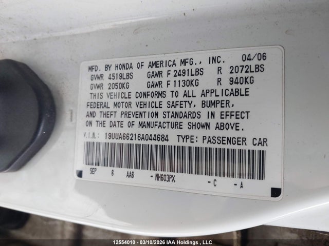 Aukcja sprzedaży 2006 Acura Tl, vin: 19UUA66216A044684, numer aukcji: 12554010