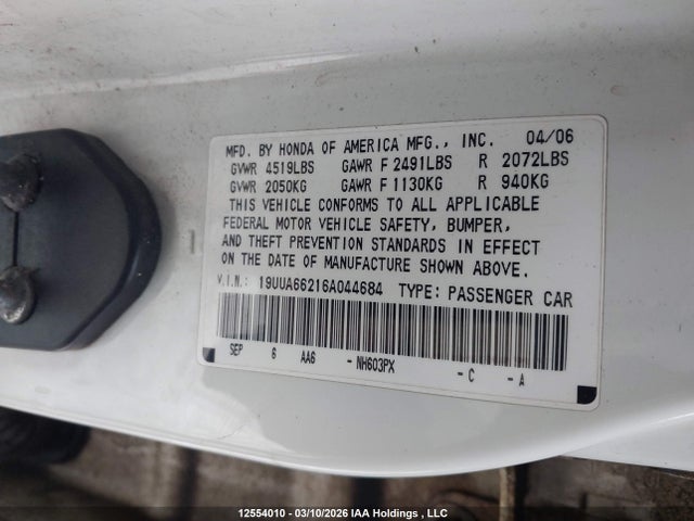 Aukcja sprzedaży 2006 Acura Tl, vin: 19UUA66216A044684, numer aukcji: 12554010