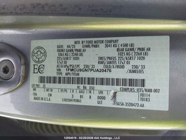 Продажа на аукционе авто 2023 Ford Escape Active, vin: 1FMCU9GN7PUA20476, номер лота: 12554018