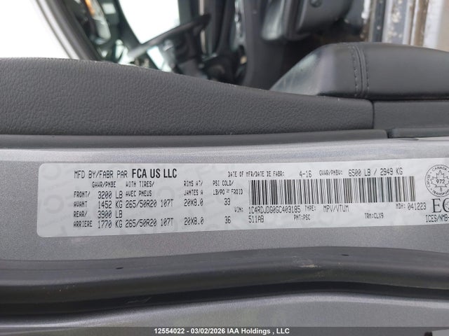 12554022 :رقم المزاد ، 1C4RDJDG0GC403185 vin ، 2016 Dodge Durango Limited مزاد بيع