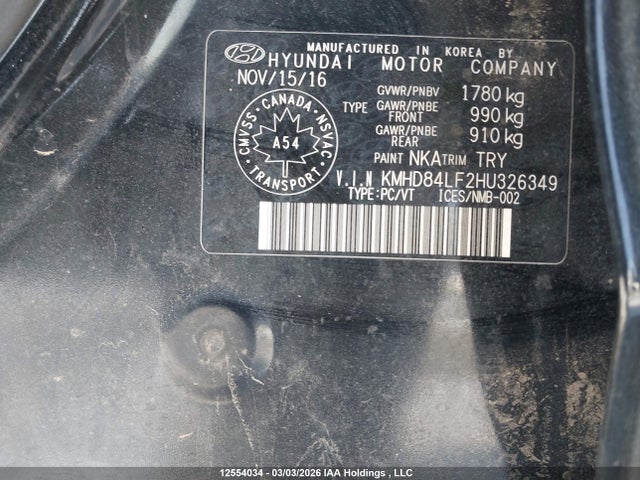 KMHD84LF2HU326349 Hyundai ELANTRA GL