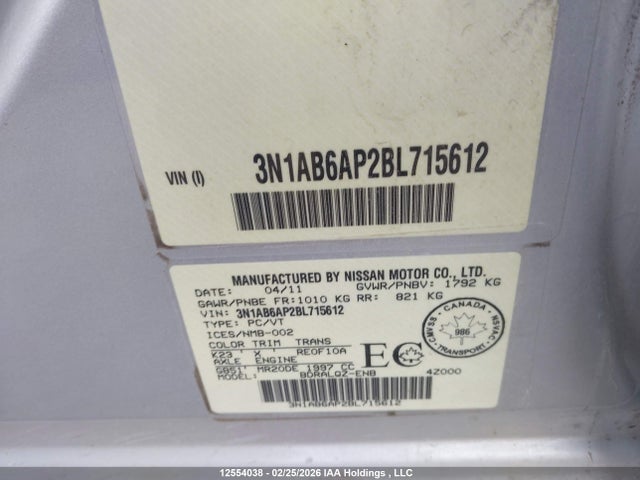 Продажа на аукционе авто 2011 Nissan Sentra 2.0, vin: 3N1AB6AP2BL715612, номер лота: 12554038