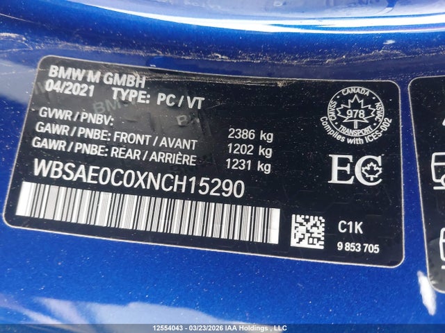 12554043 :رقم المزاد ، WBSAE0C0XNCH15290 vin ، 2022 Bmw M8 مزاد بيع