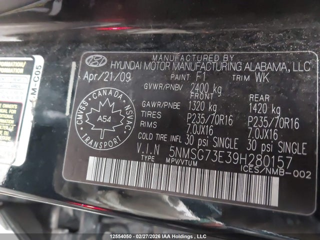 Продажа на аукционе авто 2009 Hyundai Santa Fe Gl/gls, vin: 5NMSG73E39H280157, номер лота: 12554050