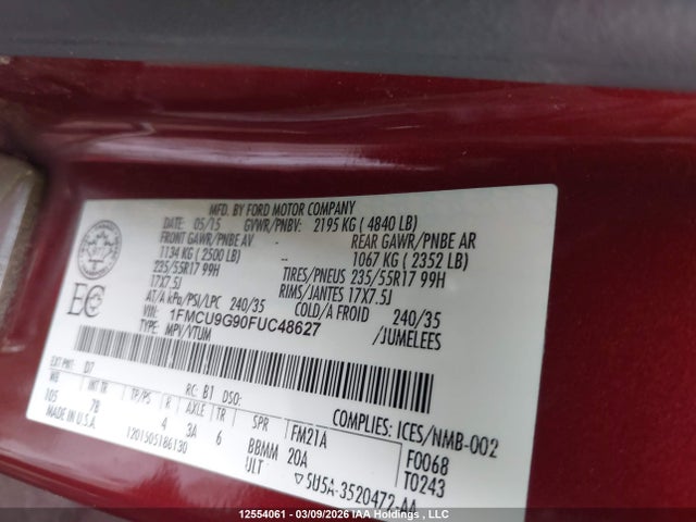 Auction sale of the 2015 Ford Escape Se, vin: 1FMCU9G90FUC48627, lot number: 12554061