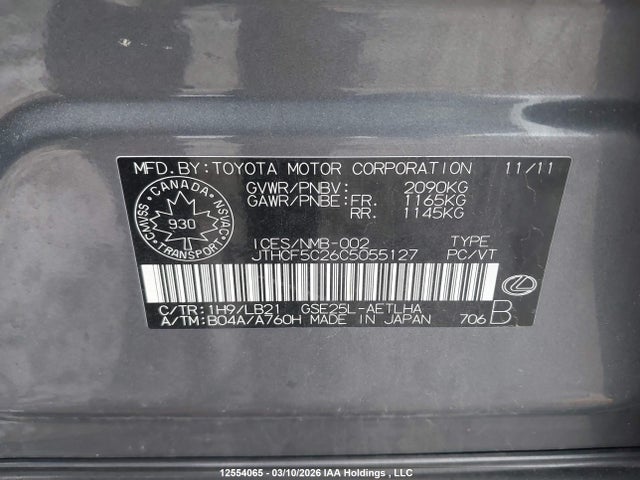 Продажа на аукционе авто 2012 Lexus Is 250, vin: JTHCF5C26C5055127, номер лота: 12554065