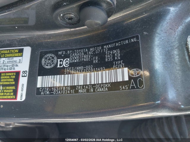 12554067 :رقم المزاد ، 2T1BU4EE7CC911493 vin ، 2012 Toyota Corolla مزاد بيع